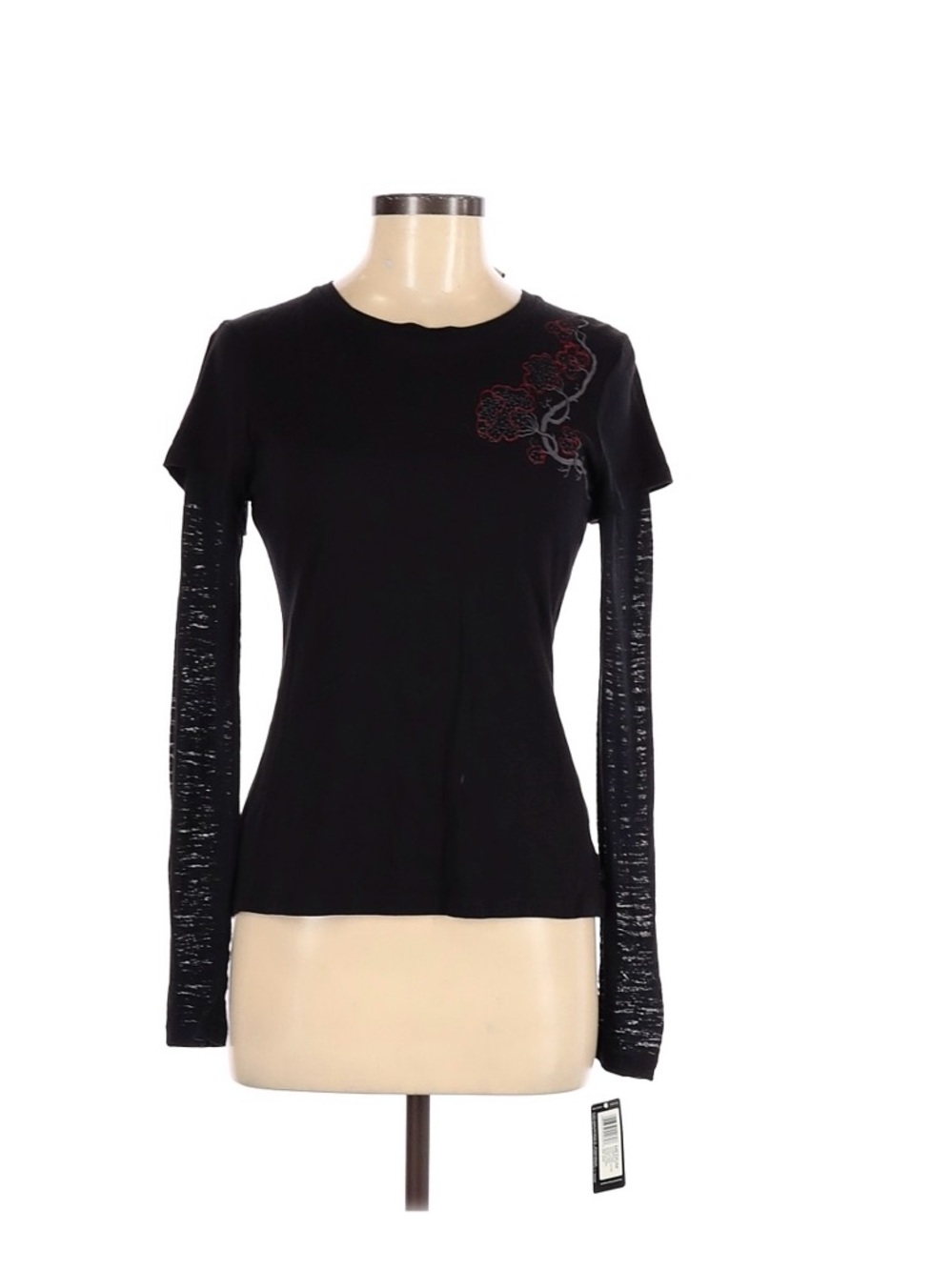Jockey Black Long-Sleeve Layered Tee with Red Floral Embroidery